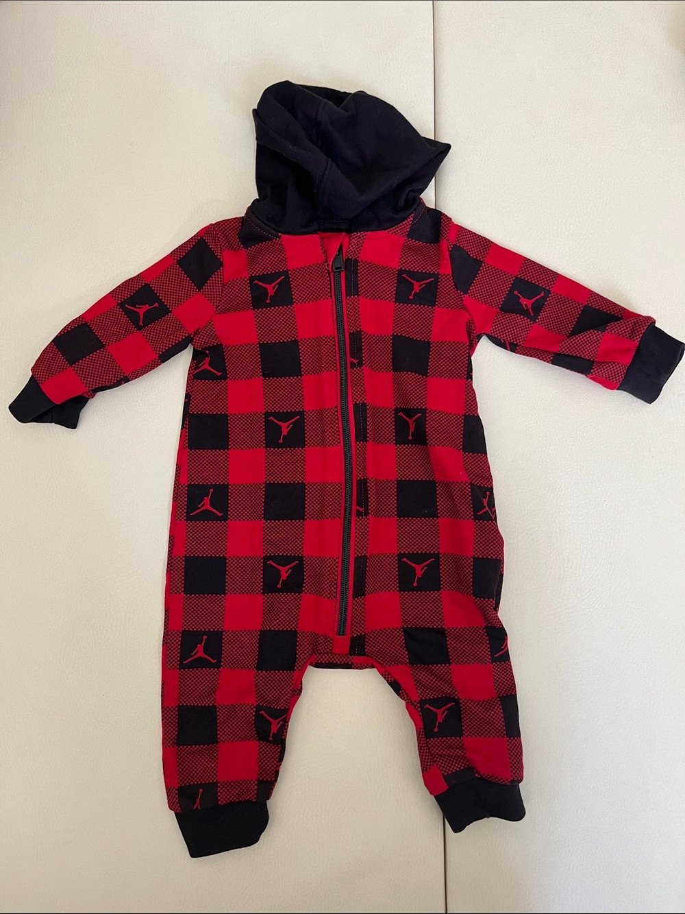 Nike Jordan Red and Black Plaid Hooded One-Piece Onesie